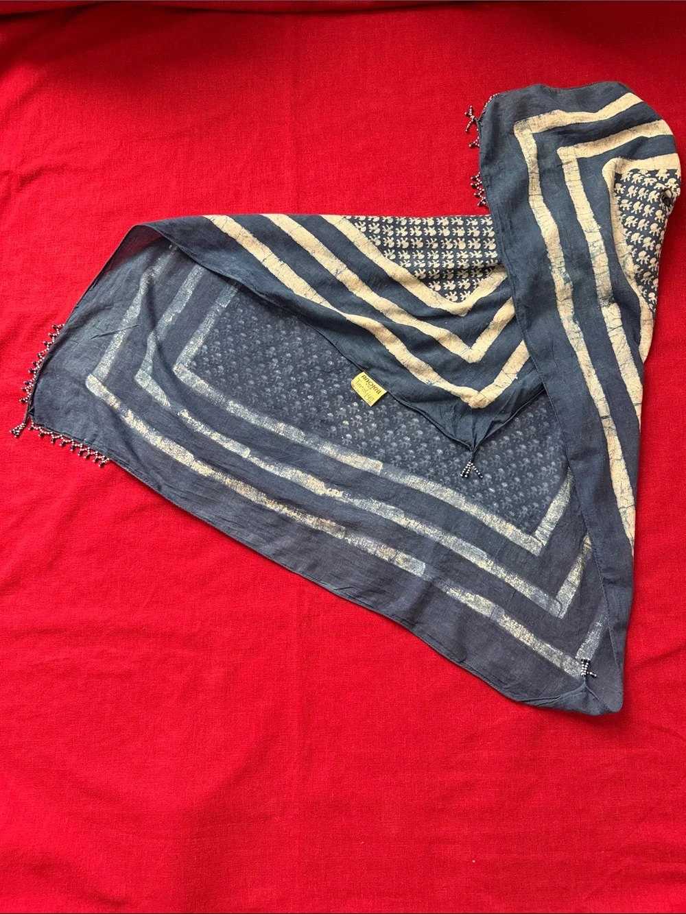 Taraliya by Anokhi Blue 100% Cotton Scarf with Beaded Fringe
